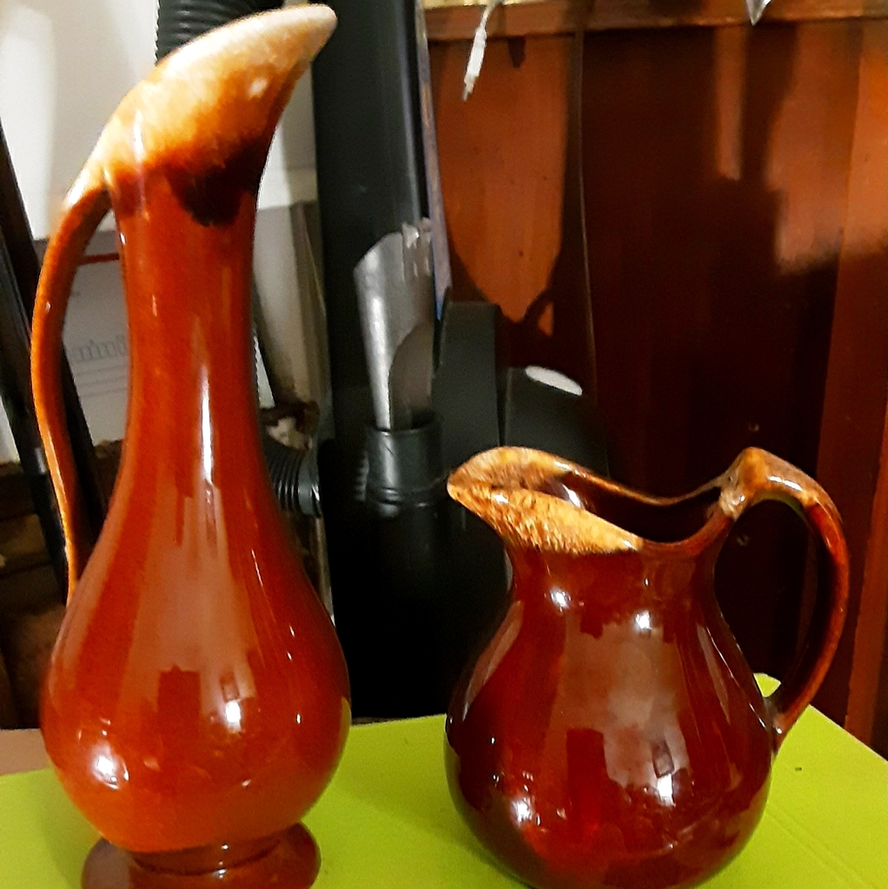 2 Vintage Glazed Brown  Pitchers